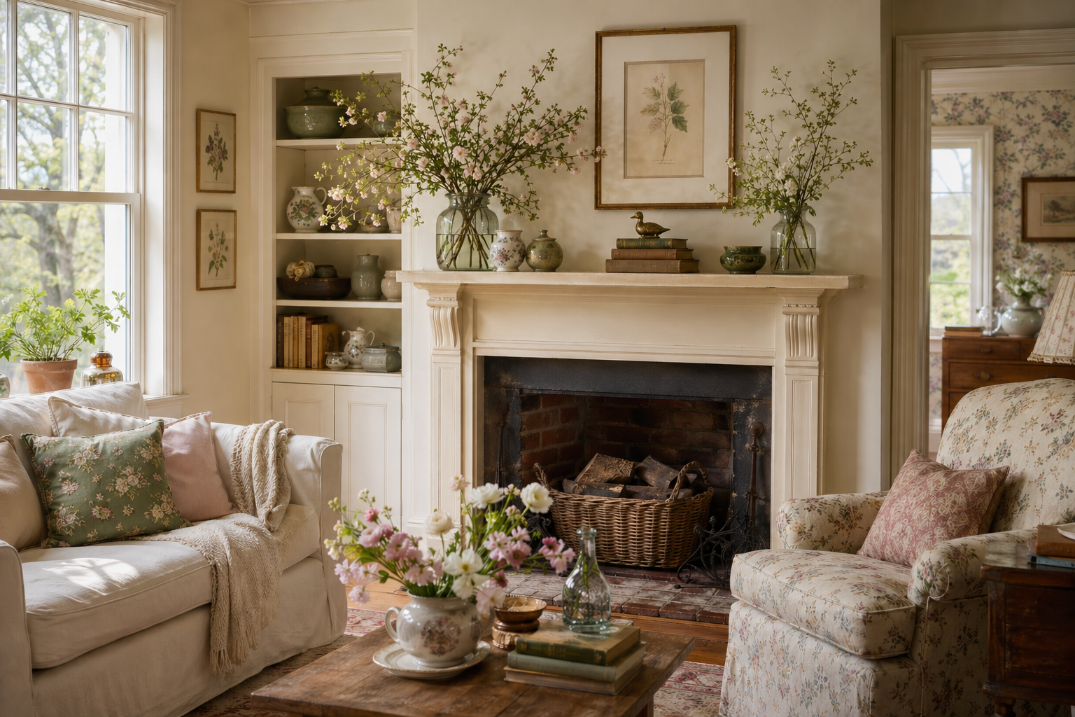 Cottagecore mantel — warm cozy living room, lush but edited, botanical prints, soft light