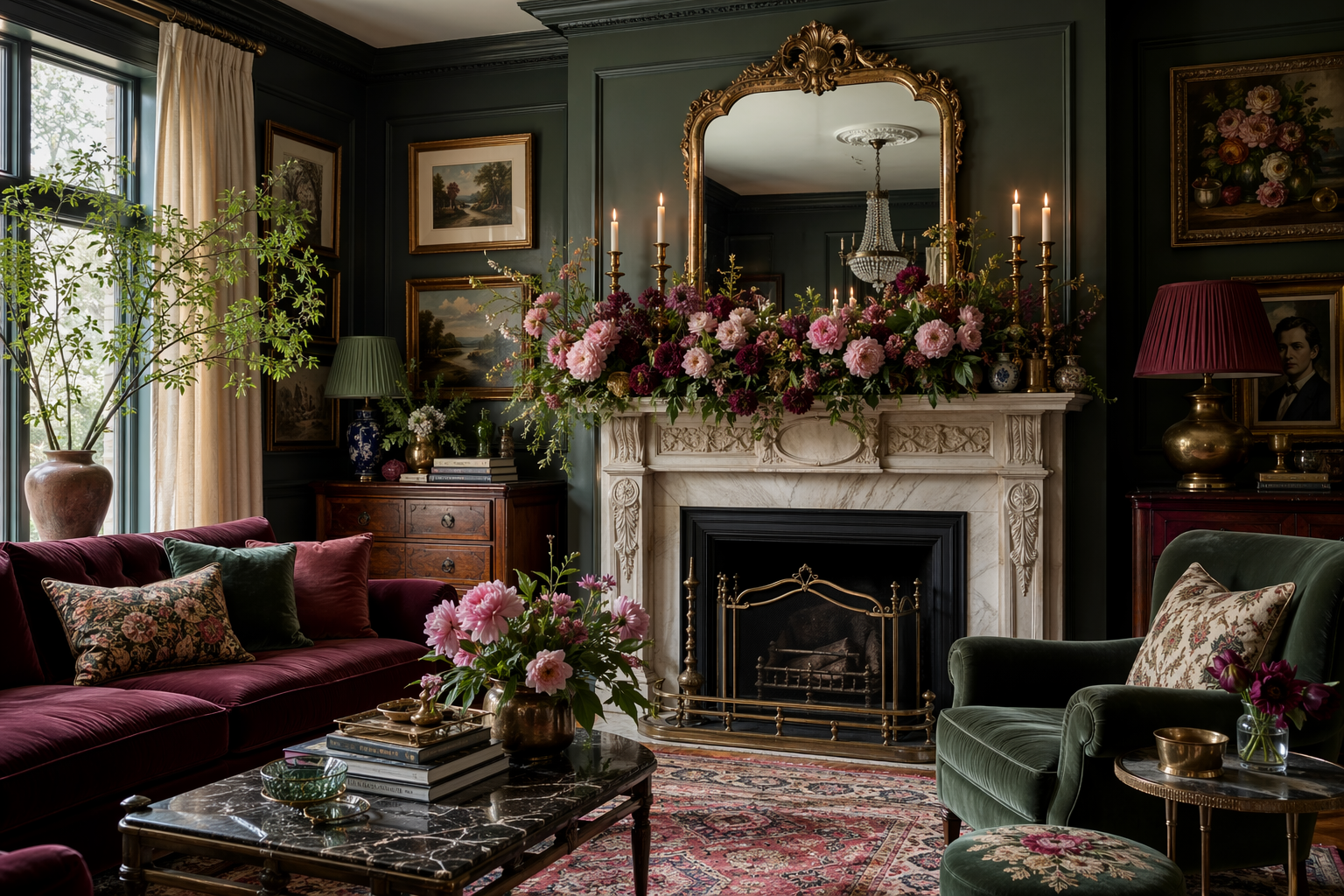 Maximalist mantel — rich layered living room with jewel tones, bold peonies and ornate mirror
