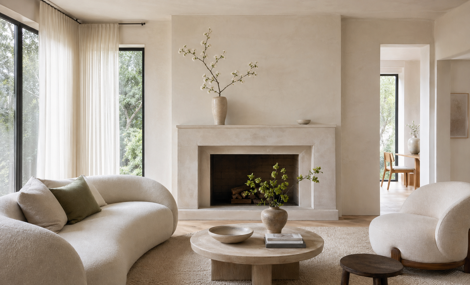 Modern Minimalist mantel — spring branch stem in large vase, spare living room context